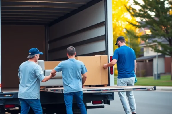 Apex Moving and Storage for Calgary Homes team loading belongings into a truck with Calgary skyline in background, showcasing reliable local movers.