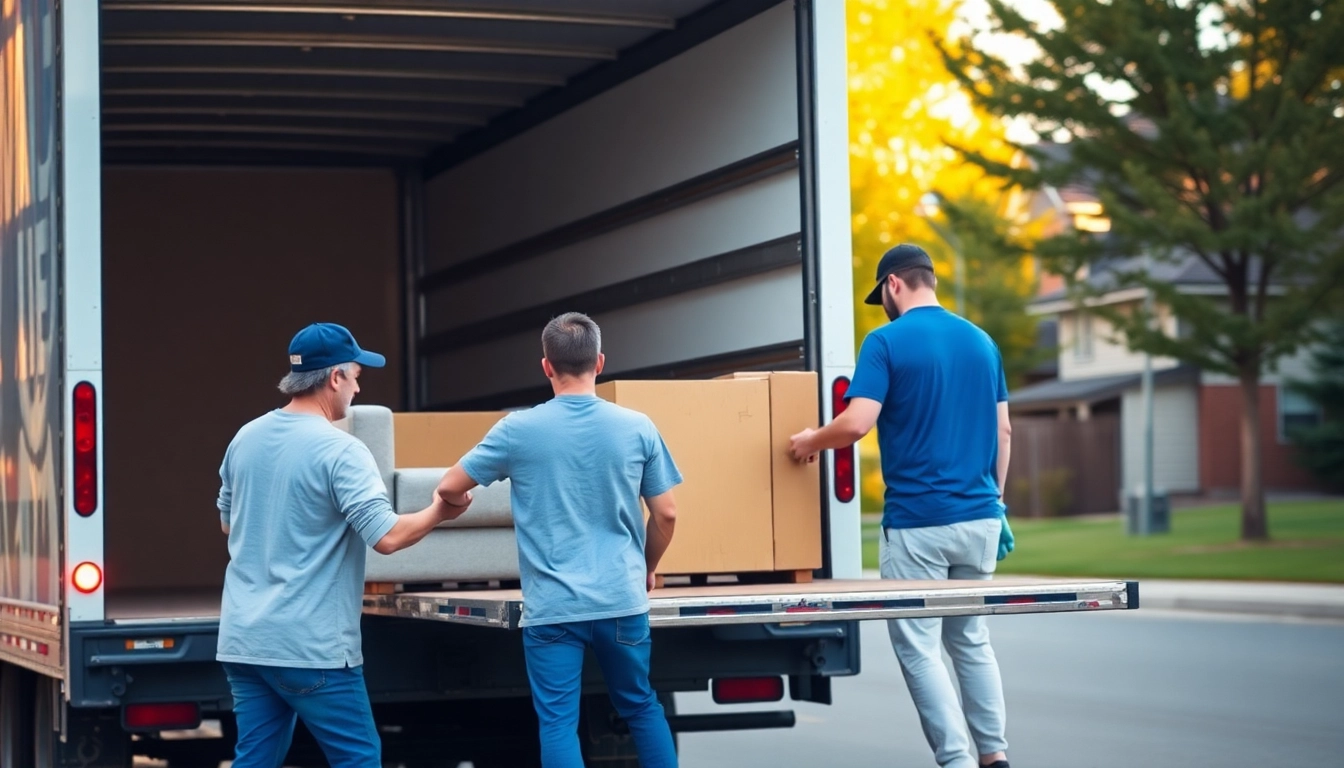 Apex Moving and Storage for Calgary Homes team loading belongings into a truck with Calgary skyline in background, showcasing reliable local movers.