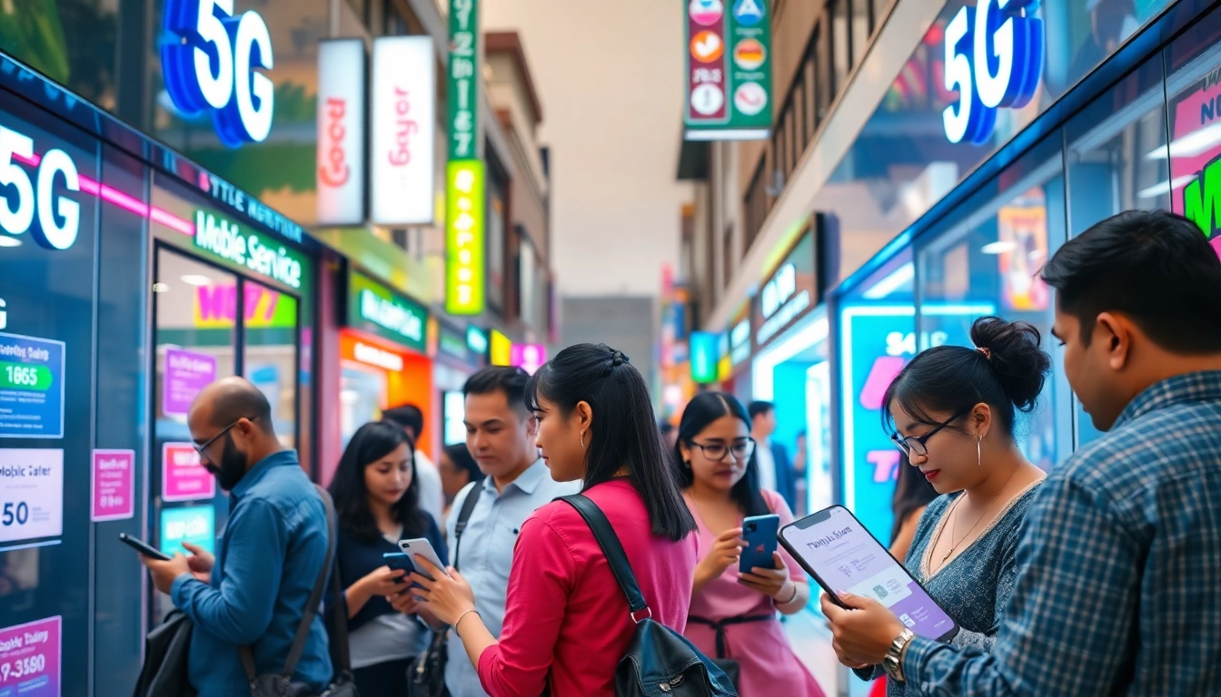 繁華街道上的5G計劃商店，顧客與銷售代表互動，展示現代移動科技的氛圍。