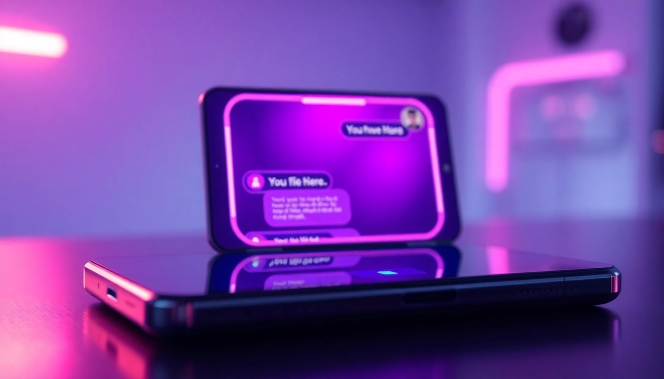 Futuristic AI chat interface on a modern device with vibrant neon accents and an inviting AI avatar