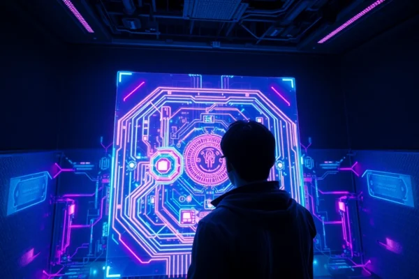 Futuristic AI interface with holographic screen and human interaction in a cyberpunk setting.