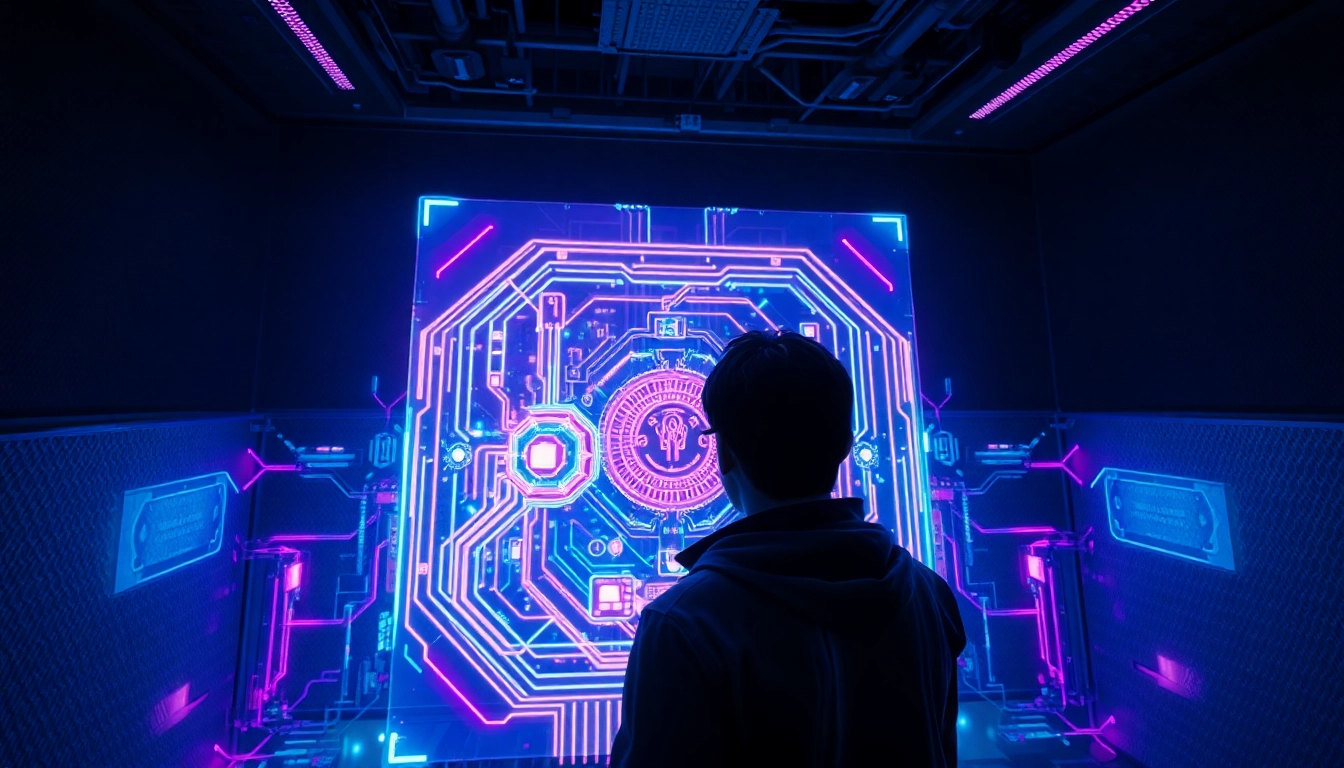 Futuristic AI interface with holographic screen and human interaction in a cyberpunk setting.