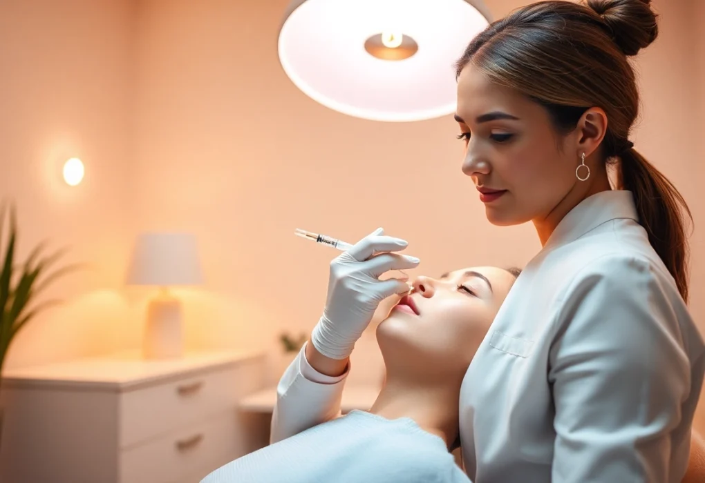 Administering a Botox Behandlung injection in a tranquil clinic setting, highlighting patient care.
