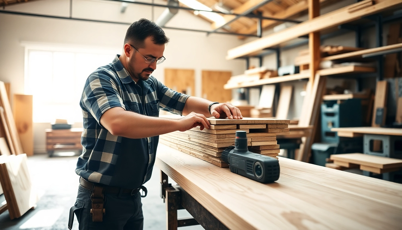 Experienced carpenter measuring wood in a professional workshop, emphasizing craftsmanship and attention to detail.