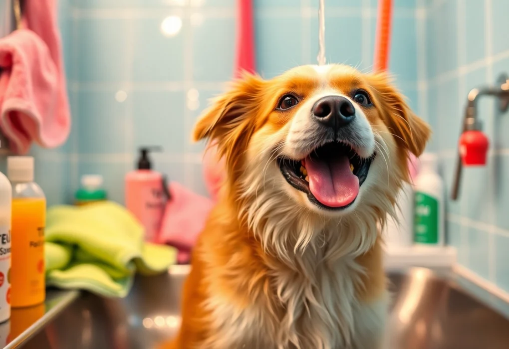 Find the Best Dog Wash Near Me: Top Locations for a Clean Pup Dog wash near me: Happy dog enjoying a wash at a colorful grooming station with various shampoos.