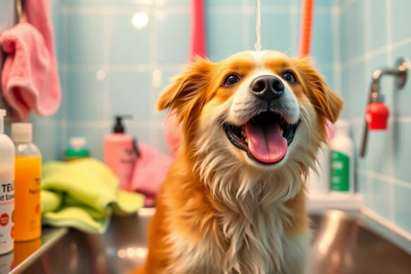 Find the Best Dog Wash Near Me: Top Locations for a Clean Pup Dog wash near me: Happy dog enjoying a wash at a colorful grooming station with various shampoos.