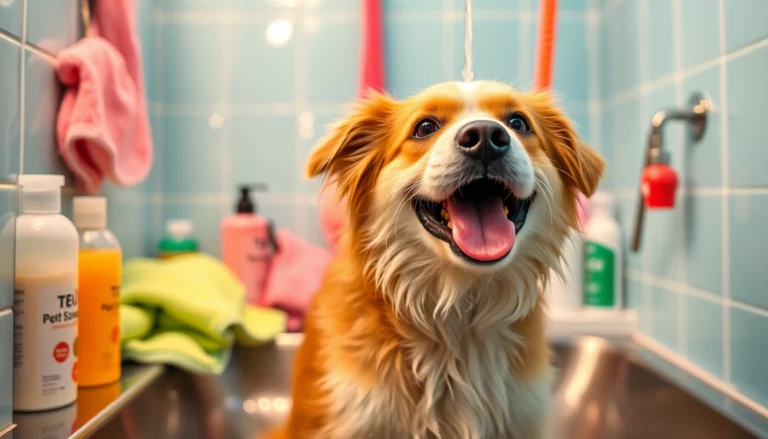 Dog wash near me: Happy dog enjoying a wash at a colorful grooming station with various shampoos.