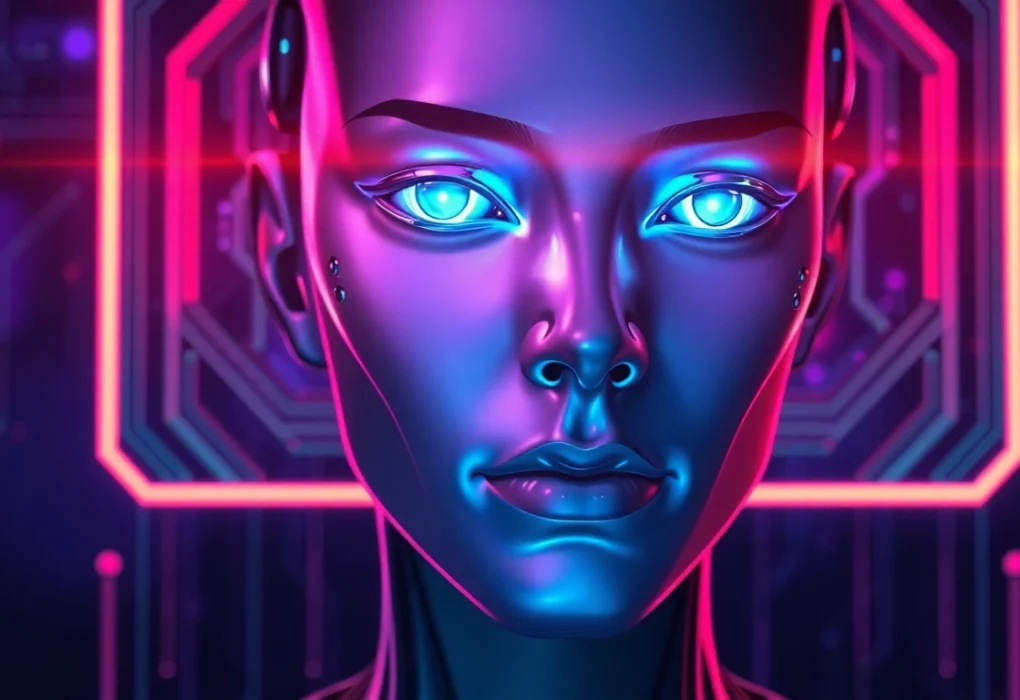 Futuristic AI interface with a humanoid avatar glowing blue eyes against a neon-lit digital background.