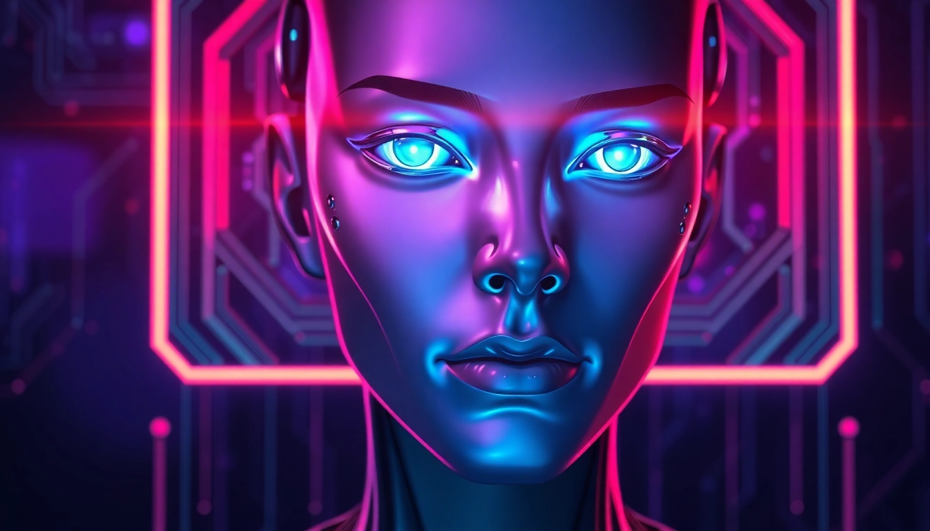 Futuristic AI interface with a humanoid avatar glowing blue eyes against a neon-lit digital background.