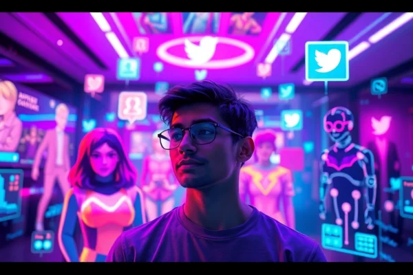 An animated digital scene of a person engaging with holographic AI characters and social media icons in a futuristic environment.