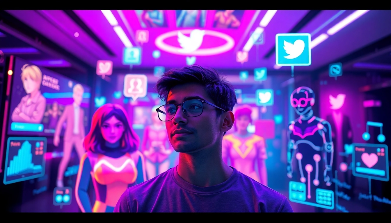 An animated digital scene of a person engaging with holographic AI characters and social media icons in a futuristic environment.