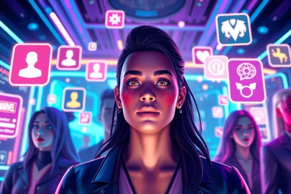 An illustration of a vibrant virtual social media world with customizable avatars, fandom icons, and glowing digital elements.