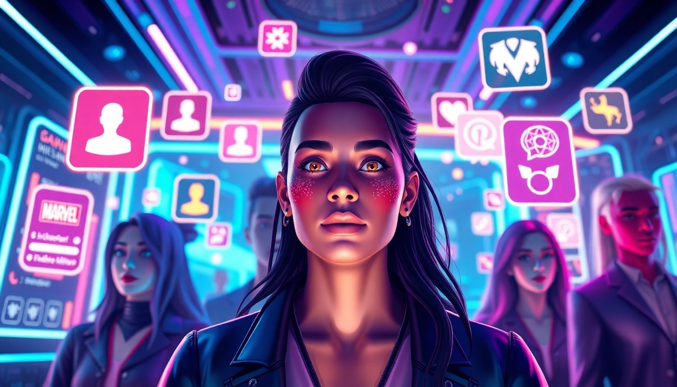 An illustration of a vibrant virtual social media world with customizable avatars, fandom icons, and glowing digital elements.