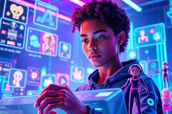 Futuristic virtual social media scene with avatars, holographic interfaces, and vibrant fandom icons.
