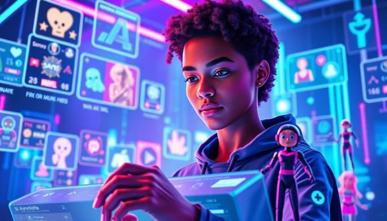 Futuristic virtual social media scene with avatars, holographic interfaces, and vibrant fandom icons.