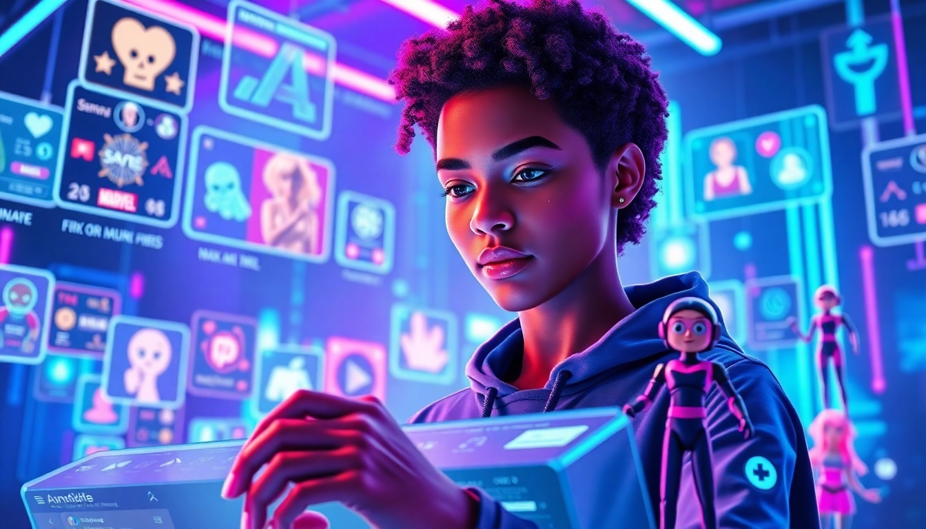 Futuristic virtual social media scene with avatars, holographic interfaces, and vibrant fandom icons.
