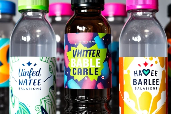 Custom Water Bottle Labels That Elevate Your Brand and Events Example of eye-catching custom water bottle labels with waterproof features for promotional or event use, demonstrating quality and design flexibility.