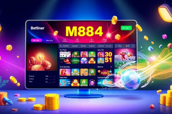 Visually engaging depiction of https://m8844.com/ betting platform interface showcasing online casino, sports betting, and slot games in a vibrant, user-friendly layout.