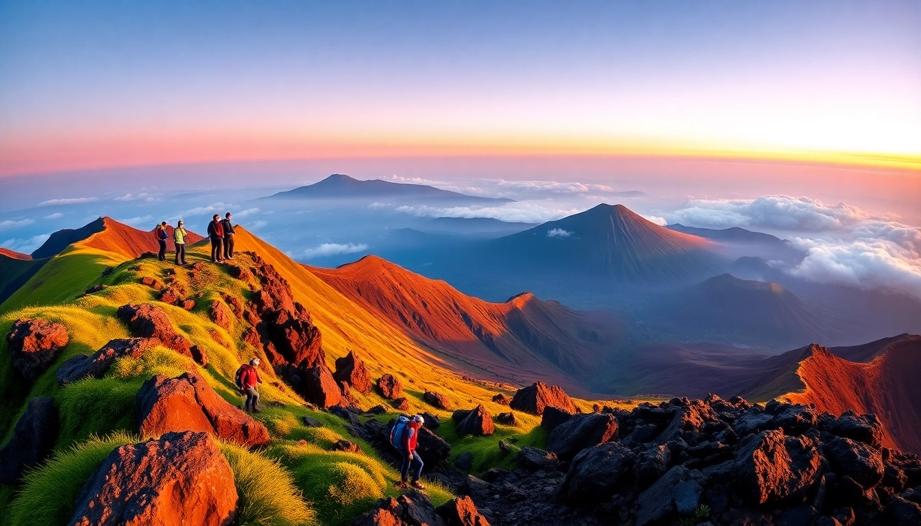 Mount Rinjani at sunrise with hikers overlooking the crater rim, vibrant colors, and rugged textures.