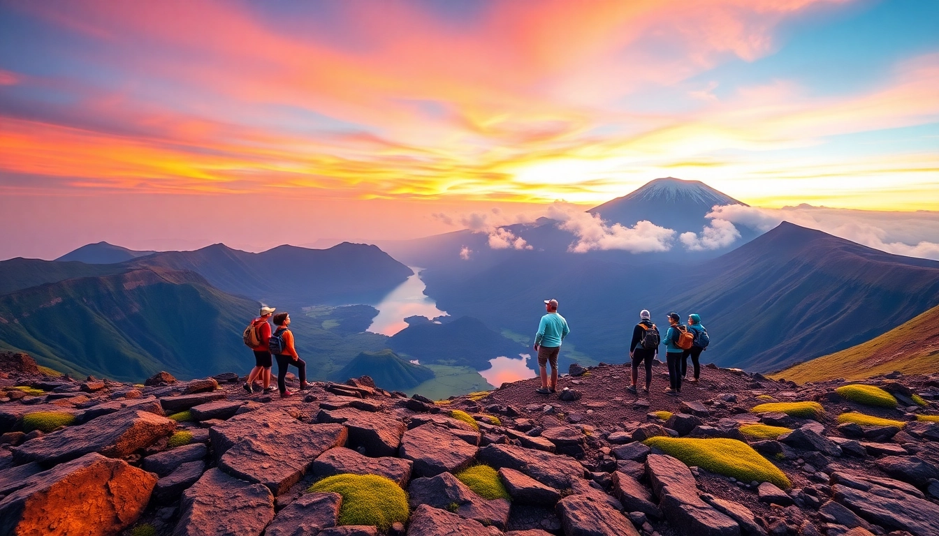 Hikers overlooking Mount Rinjani's crater at sunrise with vibrant colors and scenic landscape.
