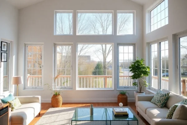 Replacement Windows in a sunlit living room with energy-efficient white frames
