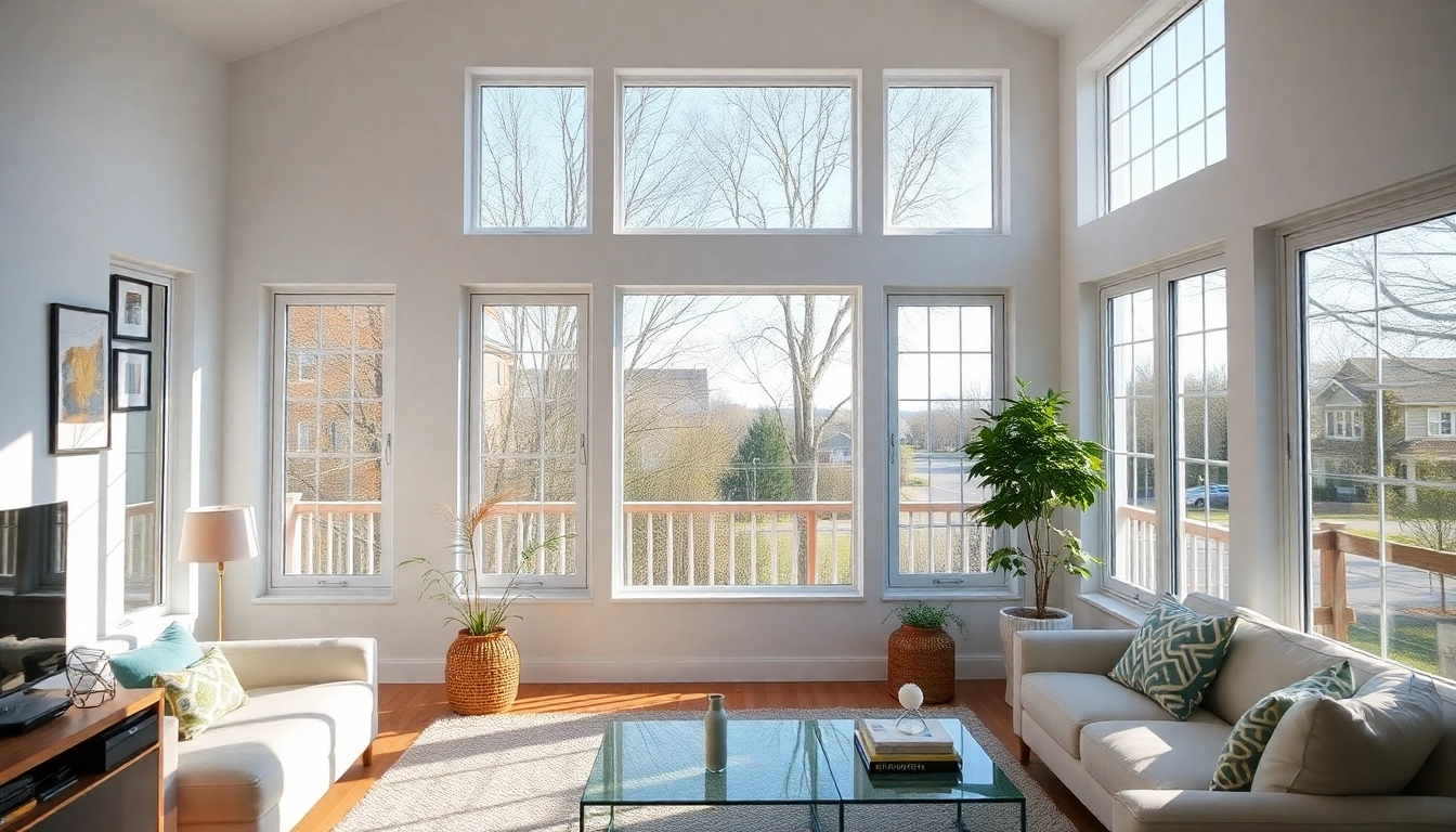 Replacement Windows in a sunlit living room with energy-efficient white frames