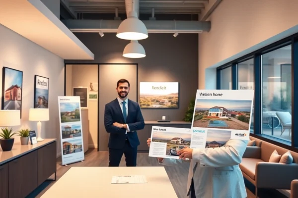Immobilienmakler in Grevenbroich berät Kunden vor modernem Büro mit Immobilien-Exposés, vermittelt Fachkompetenz und Vertrauen.