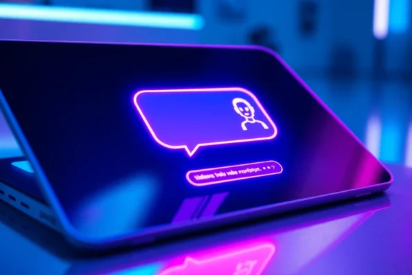 Futuristic AI chatbot interface on a sleek tablet with neon glow and digital elements.