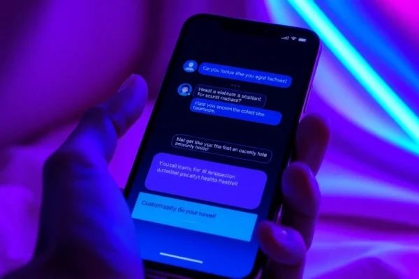 Close-up of a smartphone with a vibrant AI chat interface on a dark background, glowing neon colors, and a modern, sleek design.