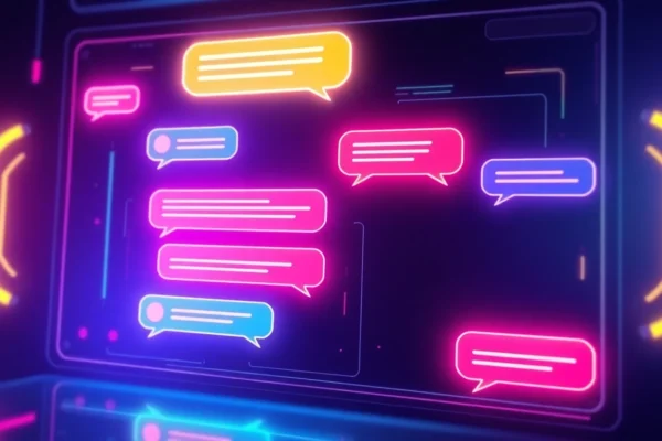 Engaging Spicy AI Chat scene with neon visuals and dynamic interface for immersive user experience for screen readers.