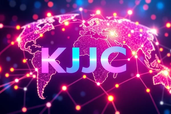 KJC brand logo displayed on a digital background highlighting global connectivity and