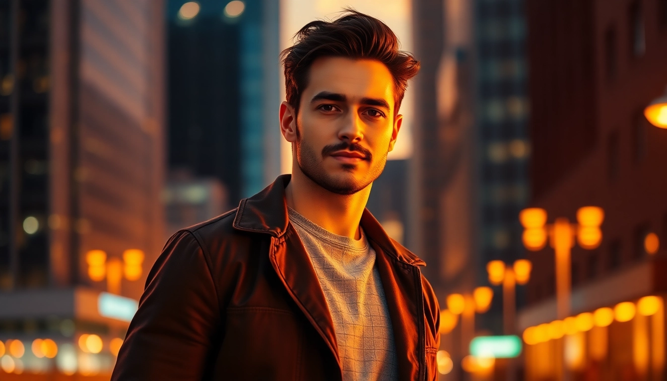 A confident man standing in an urban cityscape during sunset, illuminated by warm golden light.