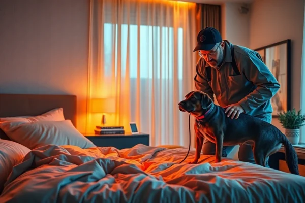 Technician performing bedwantsen bestrijden with thermal treatment and detection dogs in a bedroom, ensuring a Bedwantsen bestrijden professional approach.