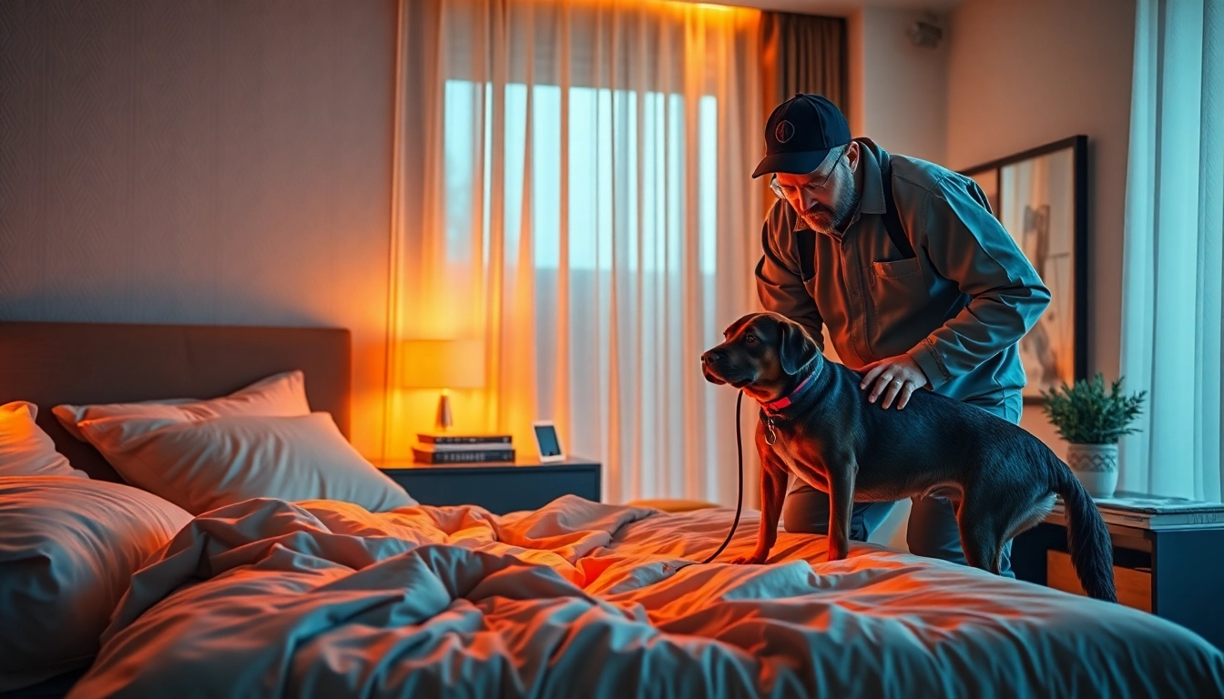 Technician performing bedwantsen bestrijden with thermal treatment and detection dogs in a bedroom, ensuring a Bedwantsen bestrijden professional approach.