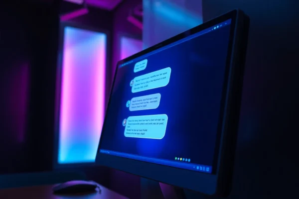 Futuristic chatbot interface on a high-tech screen with neon accents in a dark modern room.