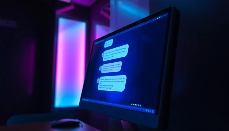 Futuristic chatbot interface on a high-tech screen with neon accents in a dark modern room.