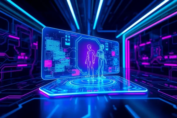 Futuristic digital AI interface with holographic displays and neon accents
