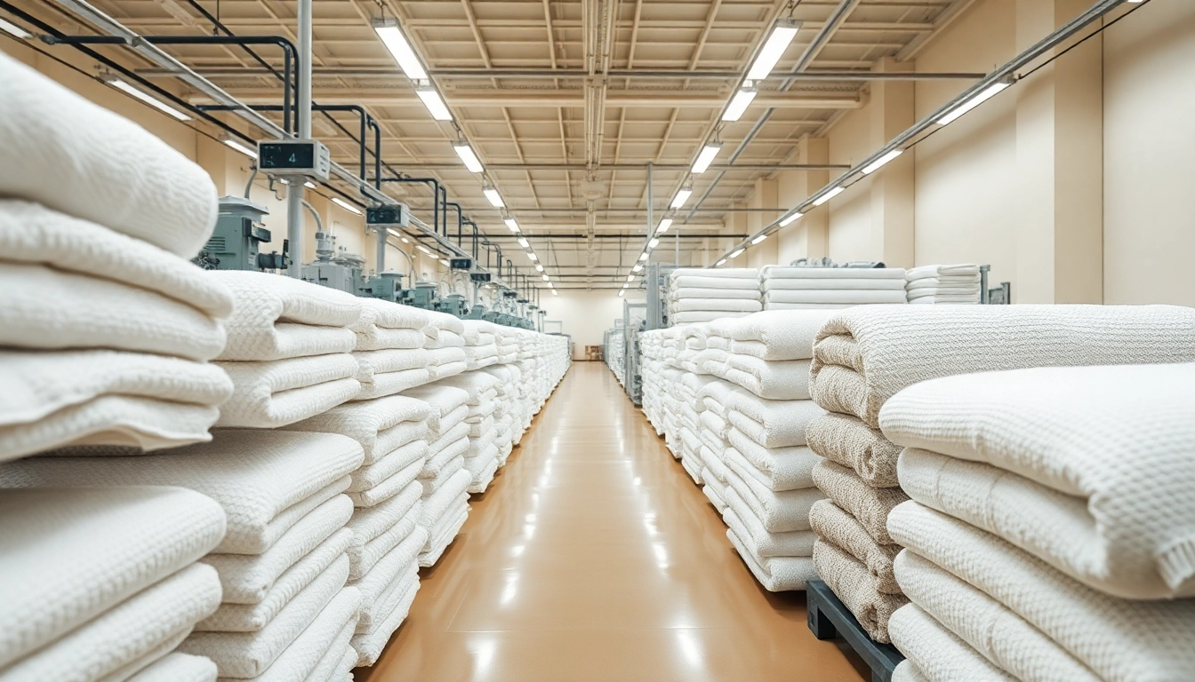 High-quality towel factory in Pakistan showcasing advanced manufacturing processes and fresh towels ready for export, highlighting expertise and scale.