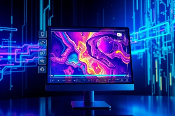 A futuristic AI image editing interface with vibrant colors and high-tech details.