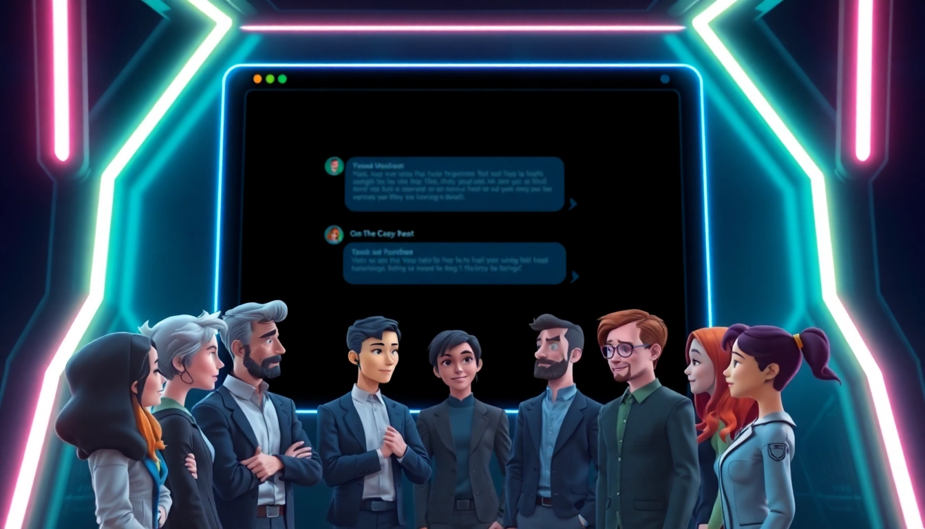 Futuristic digital chat interface with animated AI characters engaging in conversation in a high-tech environment.
