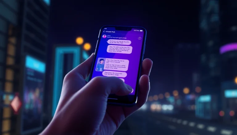 Close-up of a smartphone displaying an engaging, colorful AI chat interface with stylized characters in a futuristic setting.