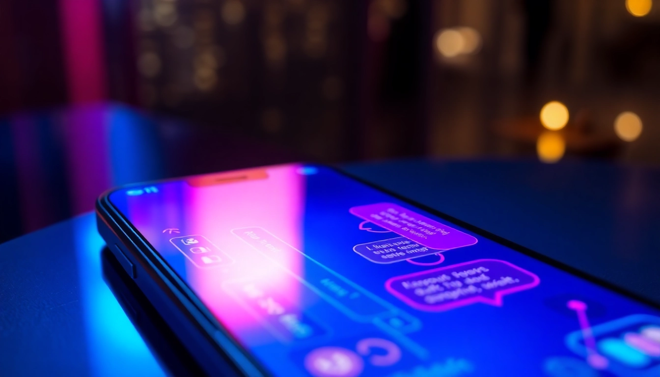 Close-up of a smartphone displaying a colorful, futuristic chatbot interface with adult-themed conversation snippets.