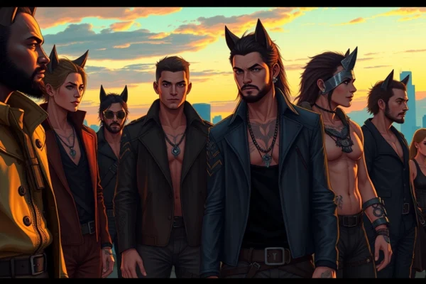 Futuristic urban scene inspired by the Omegaverse with diverse characters and wolf-like elements at dusk