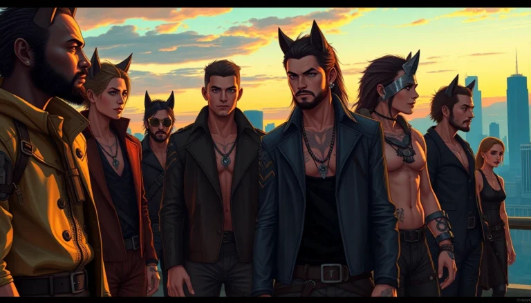 Futuristic urban scene inspired by the Omegaverse with diverse characters and wolf-like elements at dusk