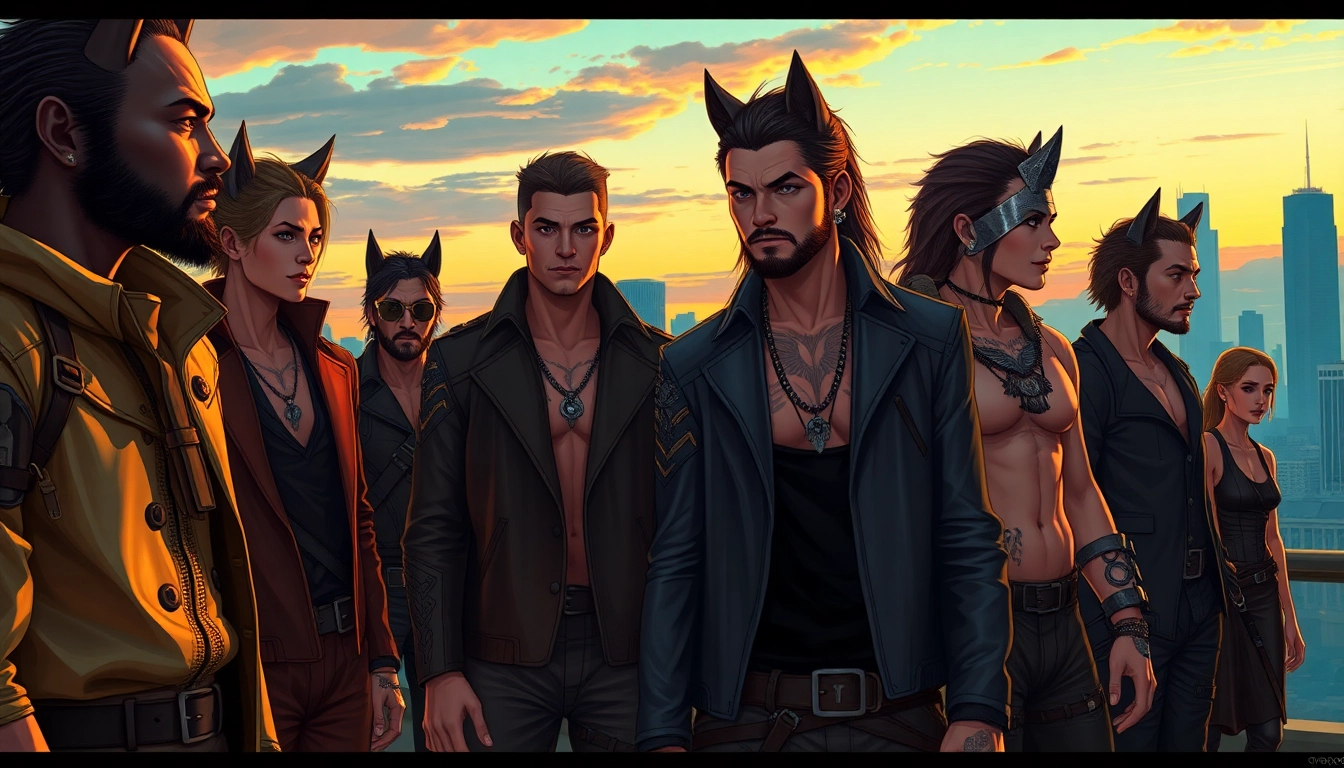 Futuristic urban scene inspired by the Omegaverse with diverse characters and wolf-like elements at dusk