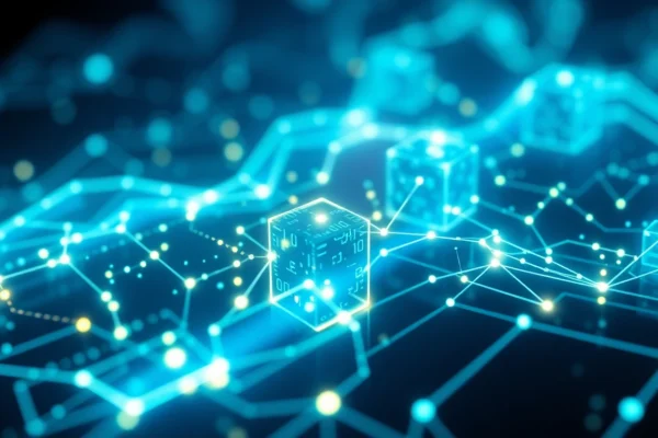 Dynamic blockchain network with interconnected blocks symbolizing secure financial transactions