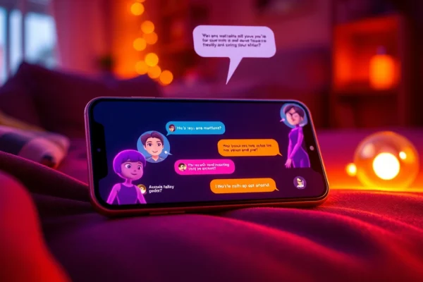 Close-up of a smartphone displaying a colorful AI chat interface with animated character avatars in a cozy, intimate setting.