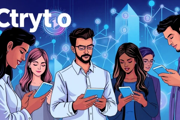 Crypto learning infographic with people exploring blockchain on screens, illustrating digital currency concepts for beginners and advanced users.