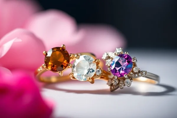 Vibrant engagement rings with gemstones, showcasing colorful stones in luxurious settings, perfect for romantic occasions and symbolism of love.