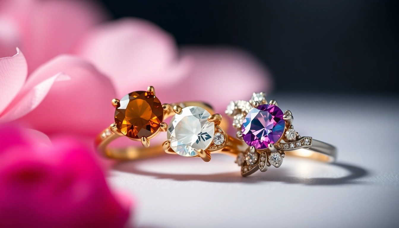 Vibrant engagement rings with gemstones, showcasing colorful stones in luxurious settings, perfect for romantic occasions and symbolism of love.